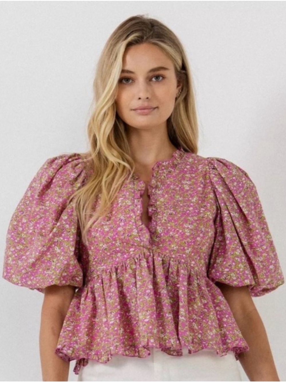 Free the Roses Fuchsia Floral Puff-Sleeve Peplum Top Size S 100% Cotton